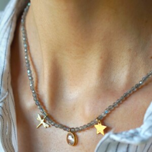 COLLAR LABRADORITA CHARMS PLATA DORADA