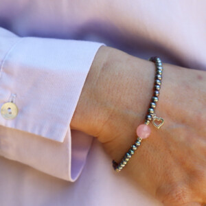 PULSERA PERLAS GRISES Y CUARZO ROSA