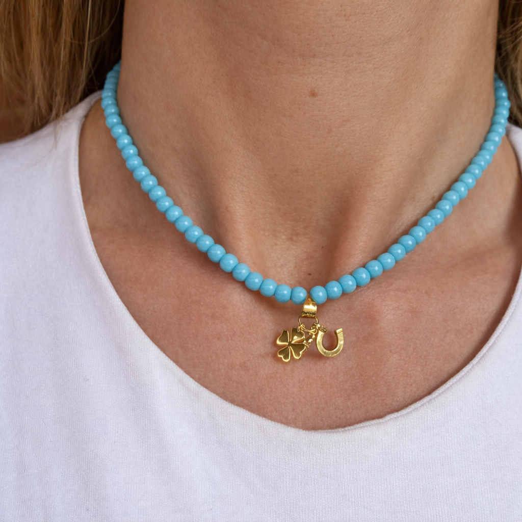 COLLAR TURQUESA AMULETOS SUERTE PLATA BAÑO ORO 18K