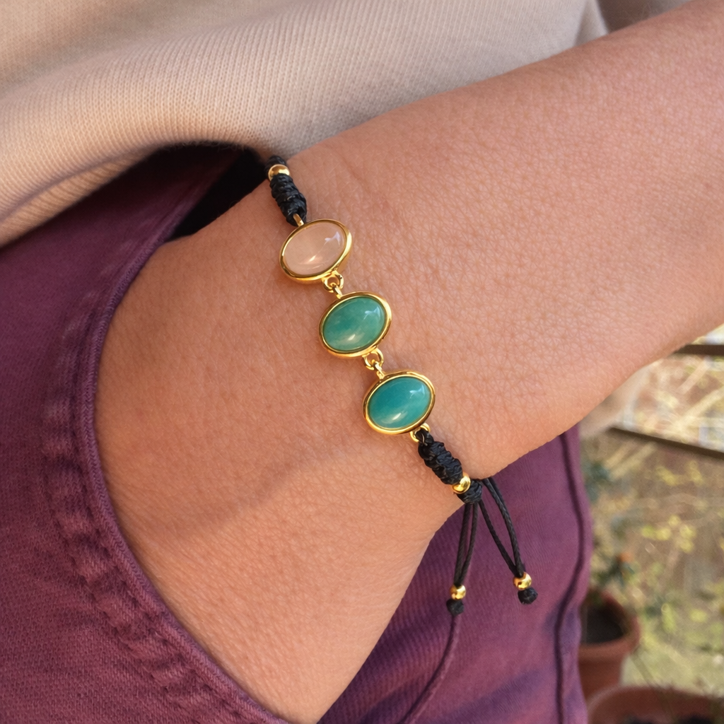 PULSERA AJUSTABLE AMAZONITA, CUARZO ROSA Y TURQUESA