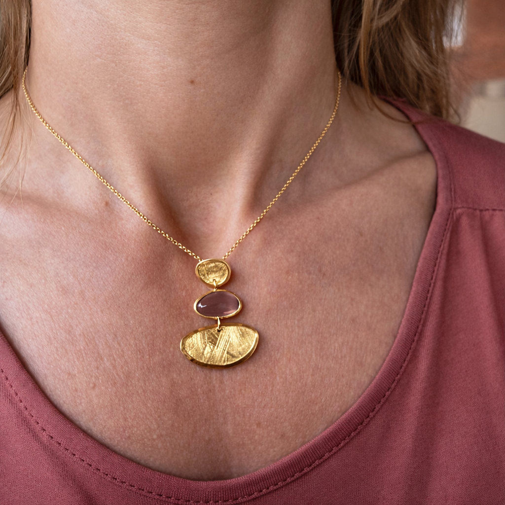 COLLAR ÁGATA BEIGE PEPITA DORADA PLATA BAÑO ORO 18K