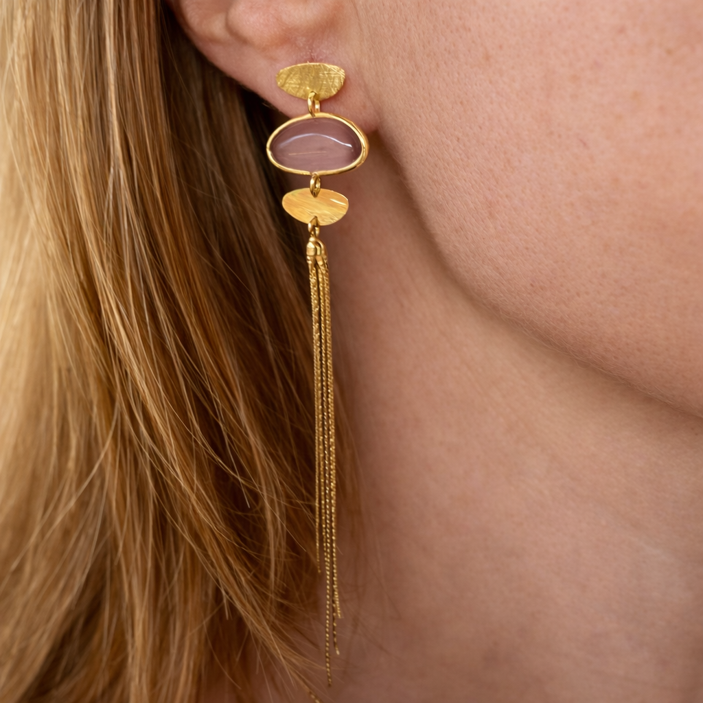 PENDIENTES FLECOS ÁGATA BEIGE PEPITA DORADA PLATA BAÑO ORO 18K