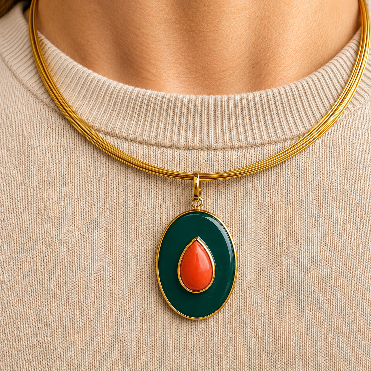 COLLAR CUARZO VERDE Y CORAL PLATA BAÑO ORO 18 KTES