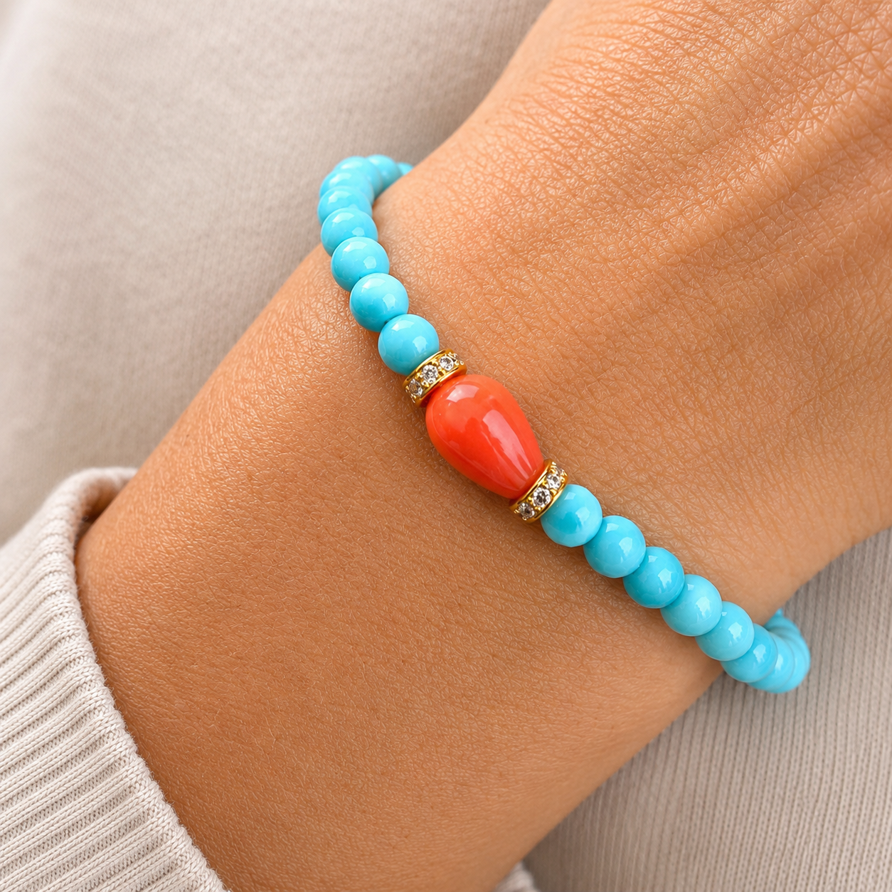 PULSERA DE TURQUESA Y CORAL PLATA BAÑO ORO 18 KTES