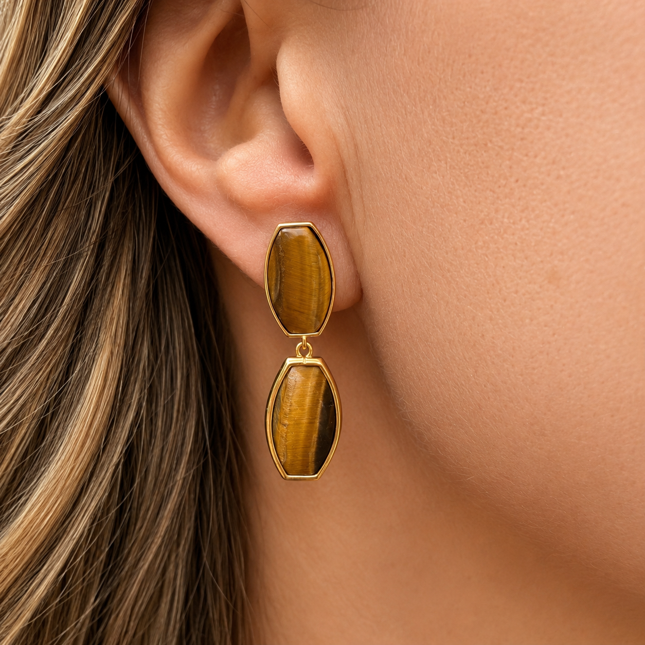 PENDIENTES OJO DE TIGRE PLATA BAÑO ORO
