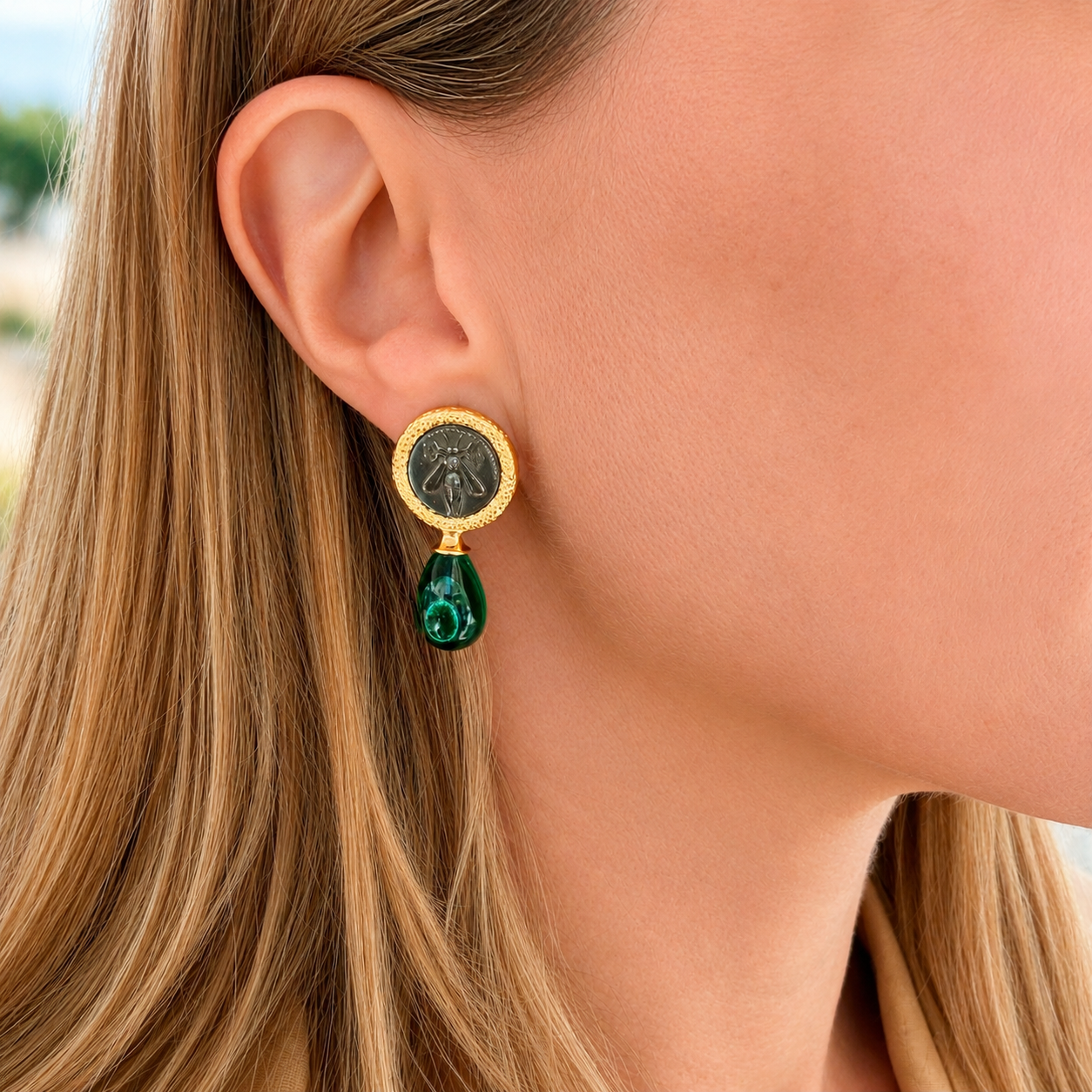 PENDIENTES MONEDA ROMANA MALAQUITA PLATA BAÑO ORO 18 KTES