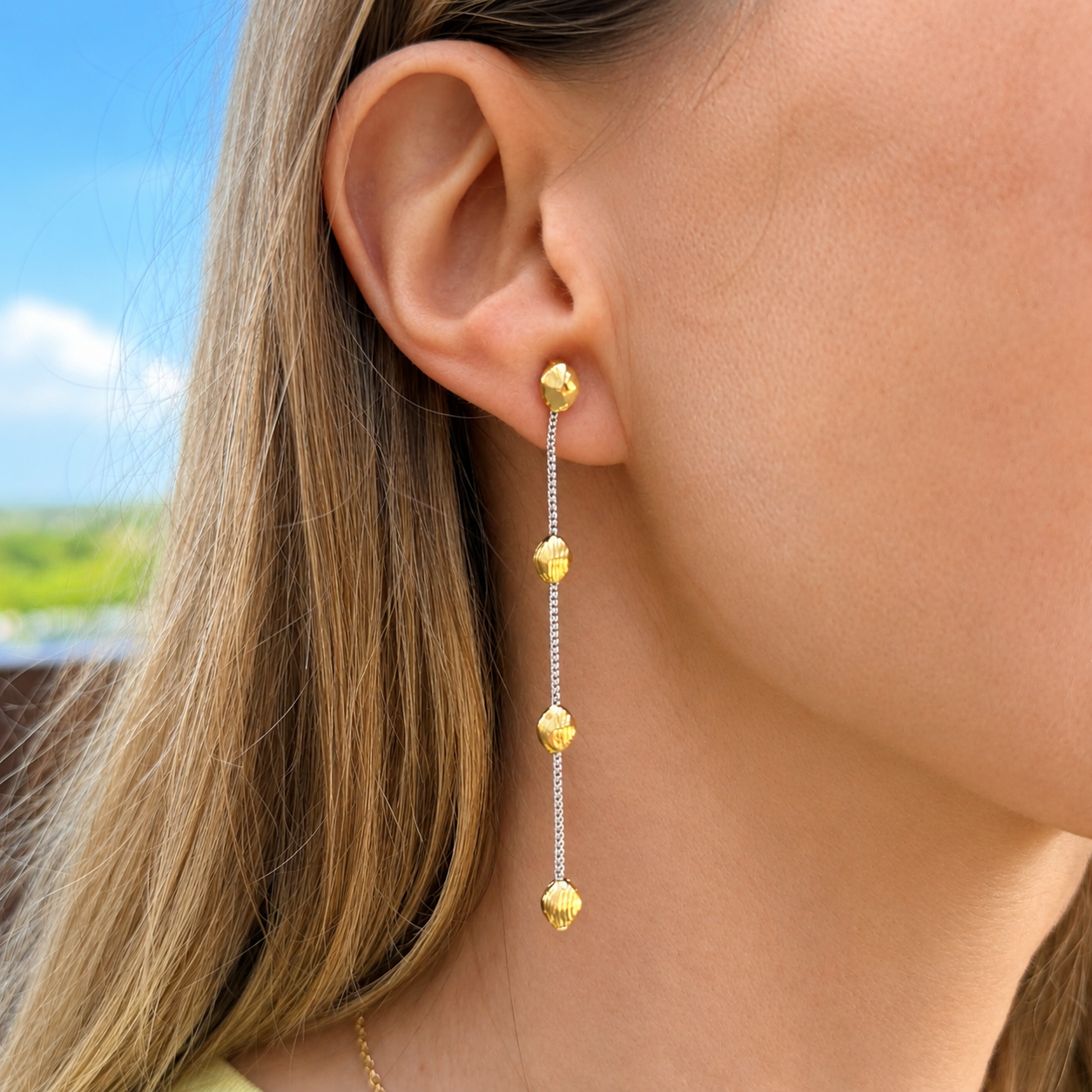 PENDIENTES NUGGET BICOLOR PLATA DORADA