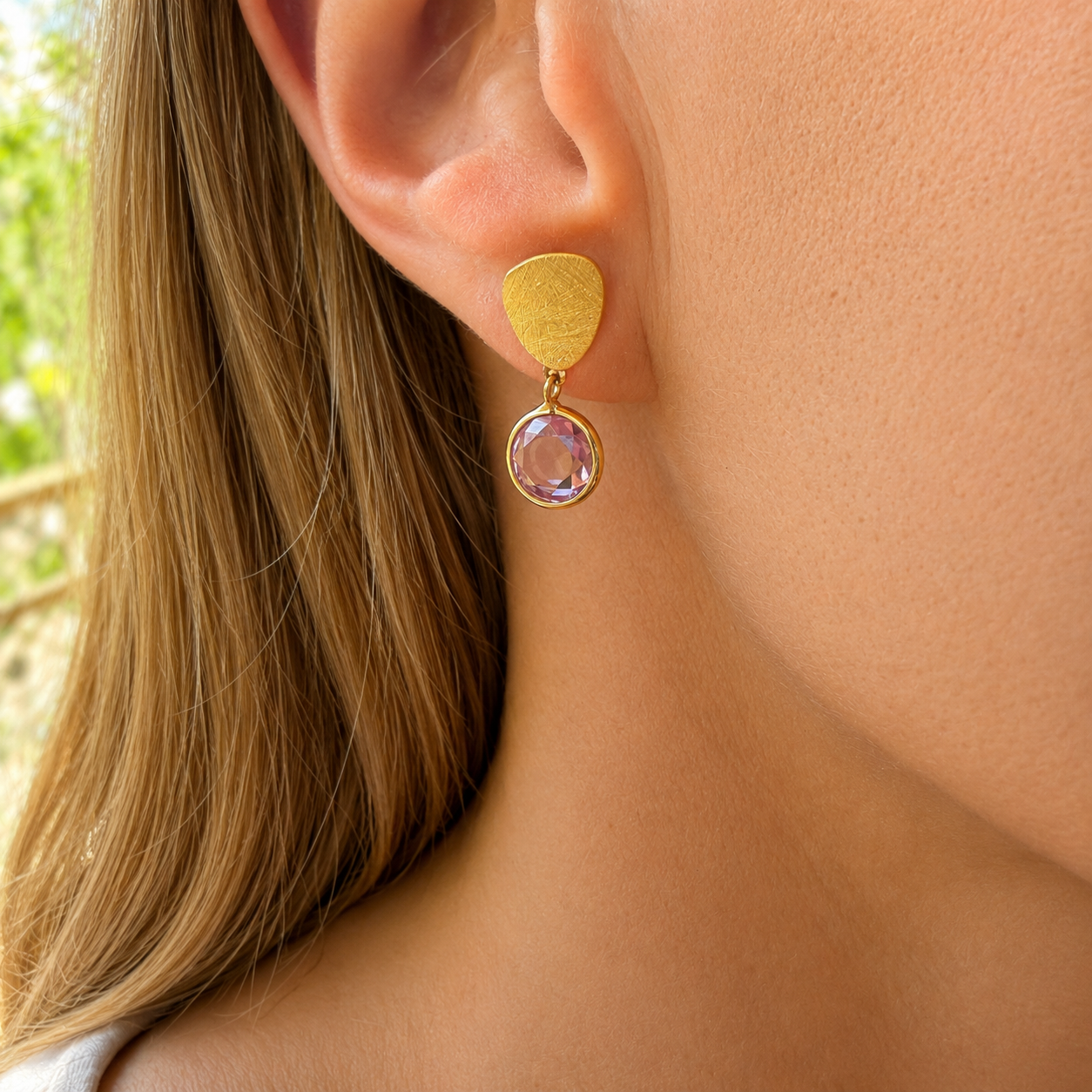 PENDIENTES PLATA BAÑO ORO MATIZADO CUARZO ROSA