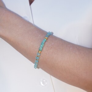 PULSERA CUARZO AZUL Y AMAZONITA PLATA DORADA