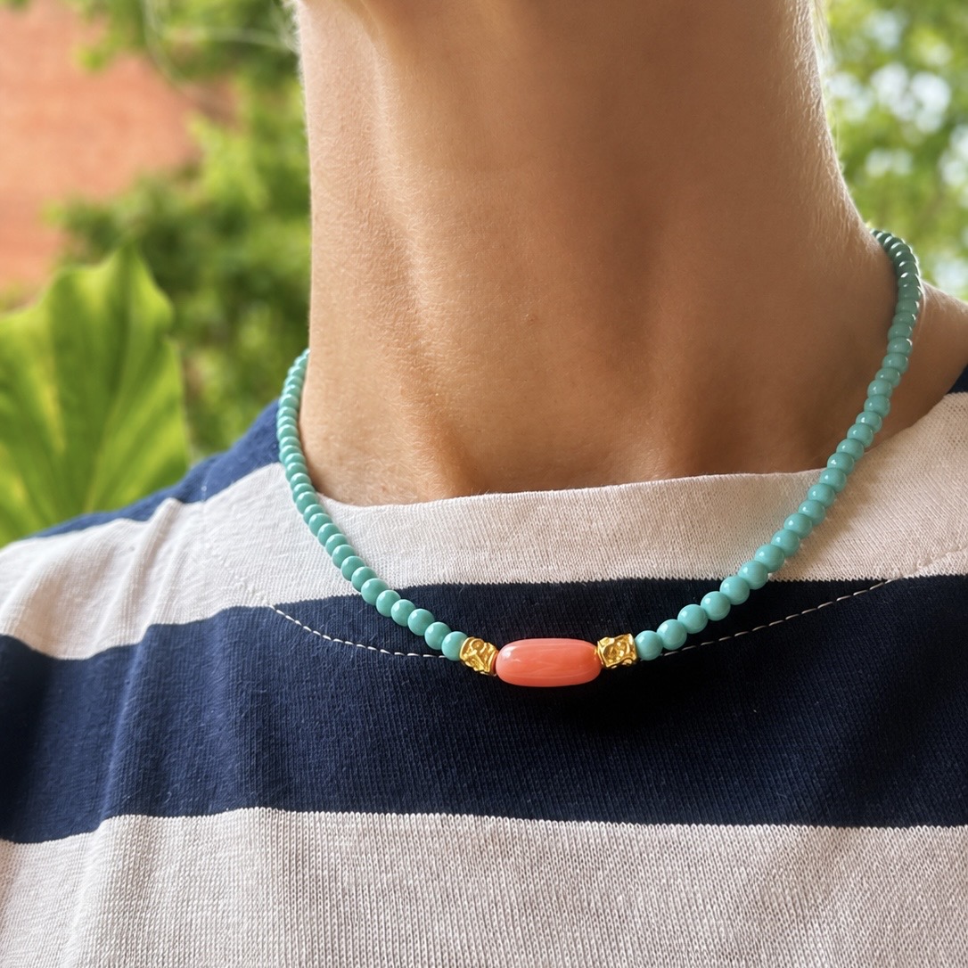 COLLAR TURQUESA Y CORAL PLATA BAÑO ORO 18 KTES