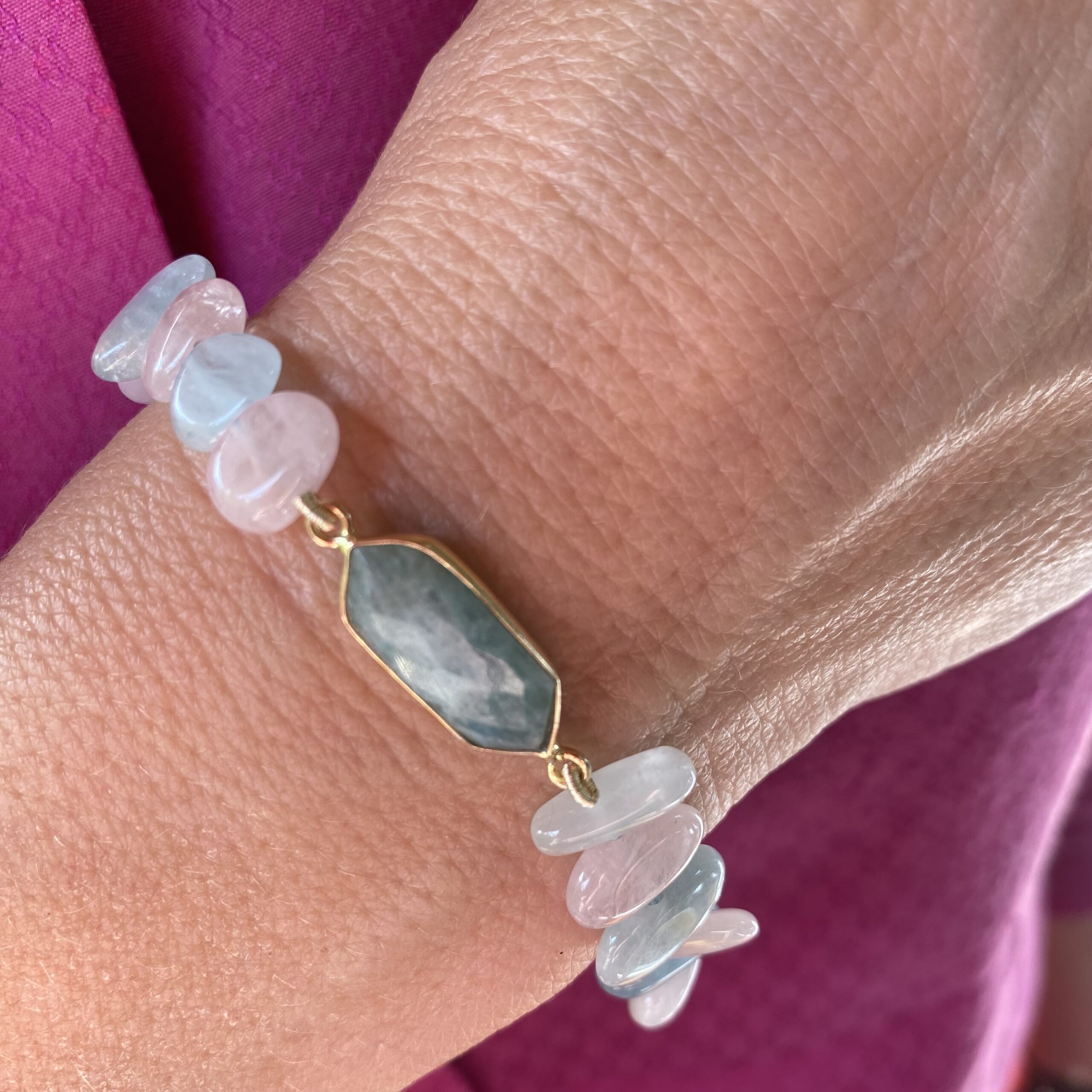 PULSERA AMAZONITA, AGUAMARINA Y CUARZO ROSA