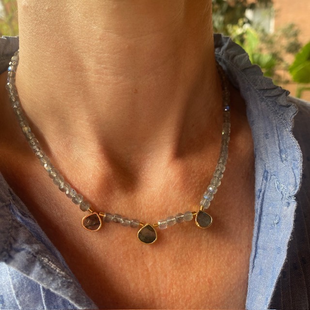 COLLAR LABRADORITA CUADRADA CHARMS GOTAS