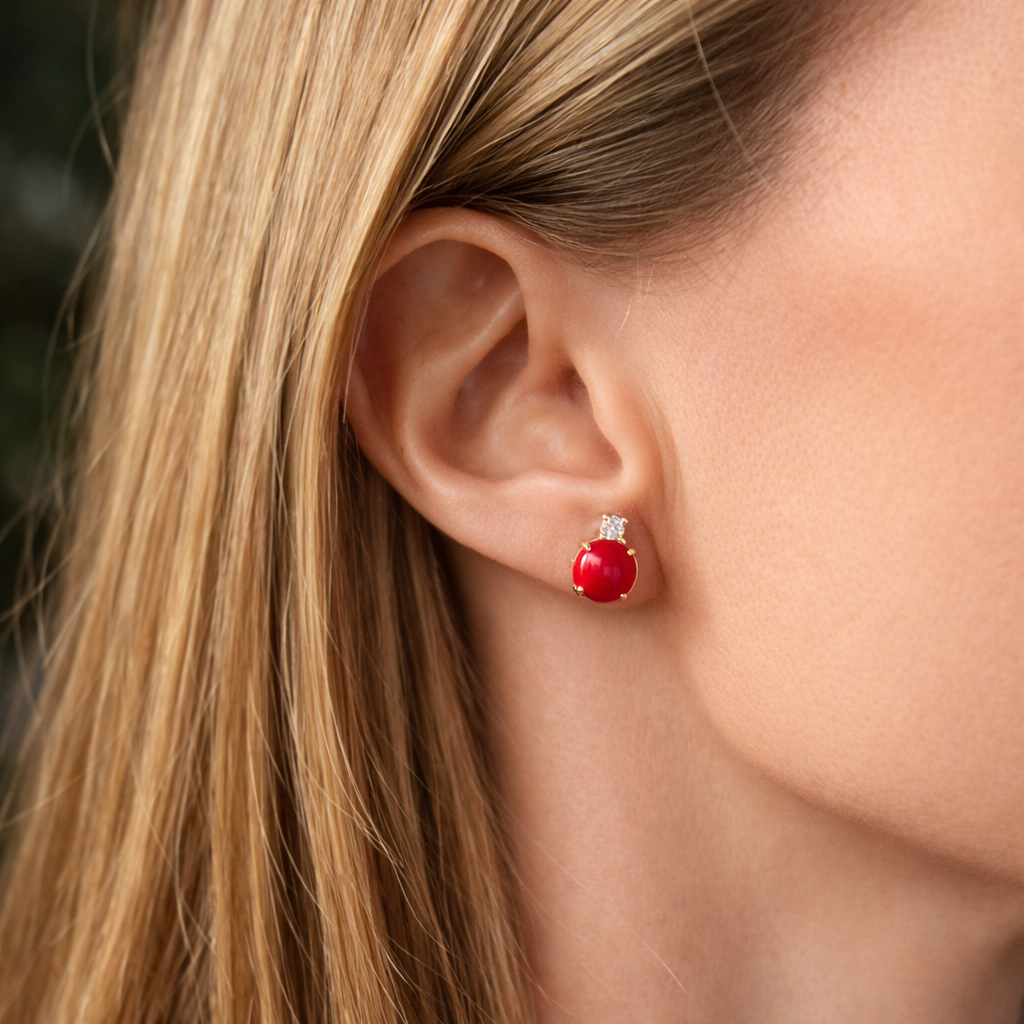 PENDIENTES CORAL BAMBÚ ZIRCONITA PLATA BAÑO ORO